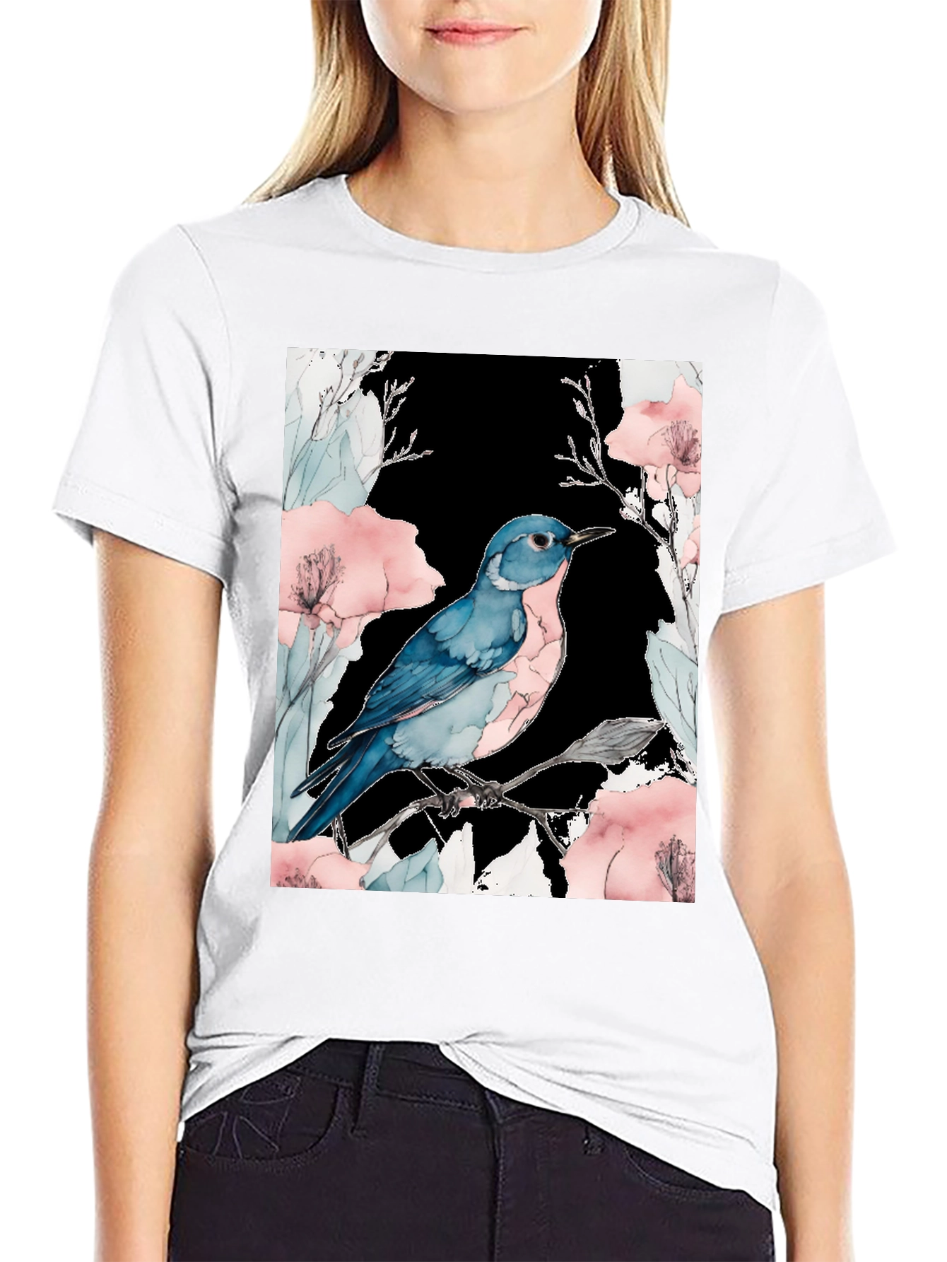 Blue Bird Floral Black T-Shirt