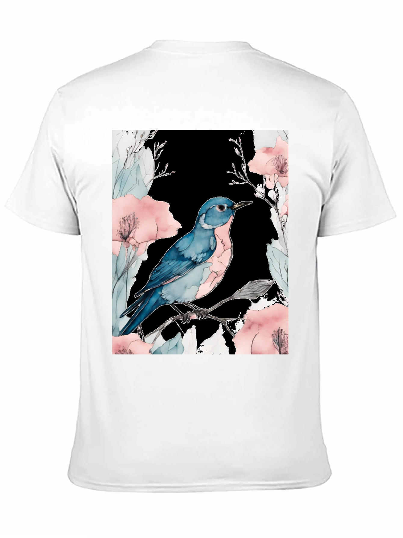 Blue Bird Floral Black T-Shirt