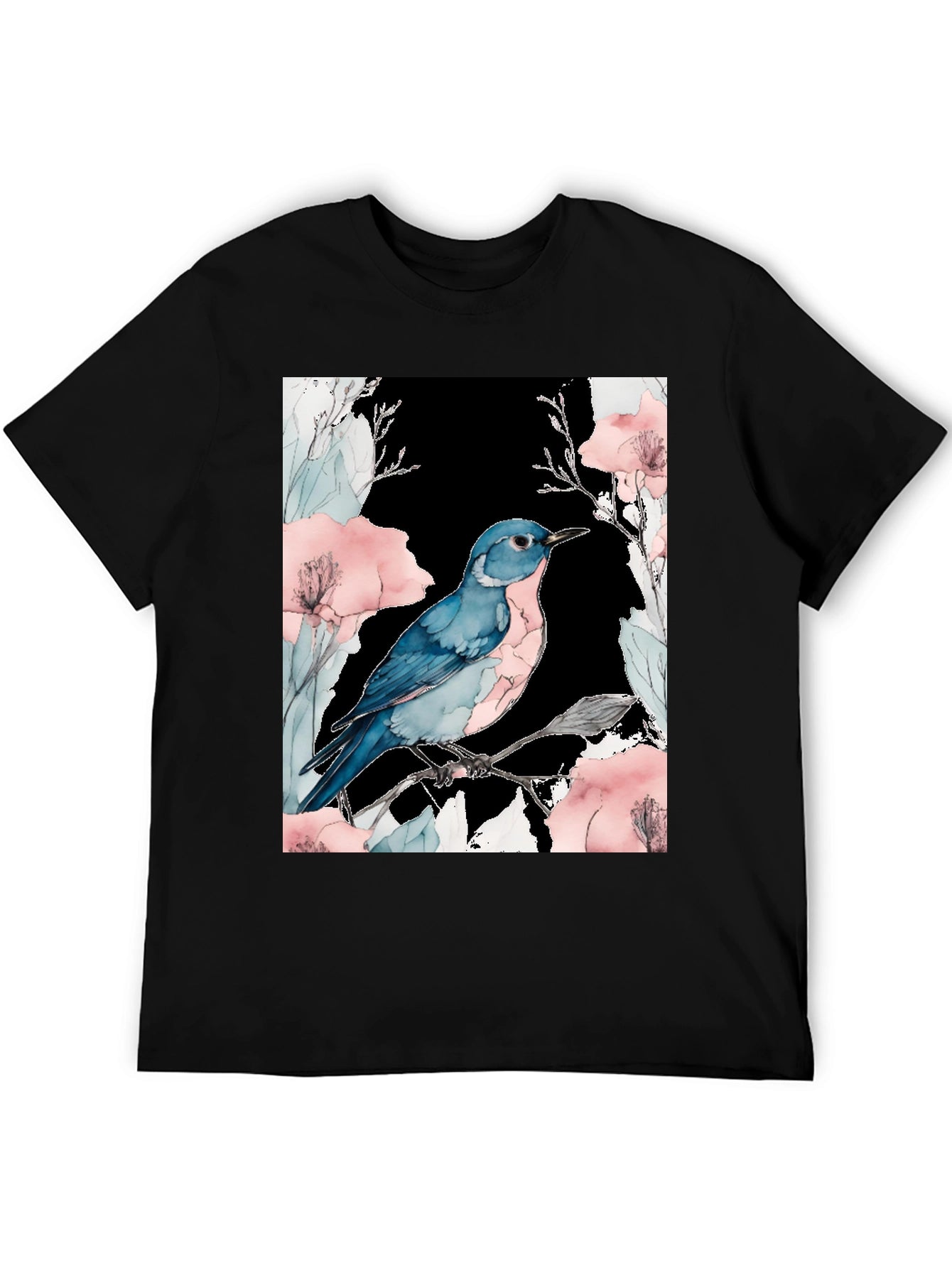 Blue Bird Floral Black T-Shirt