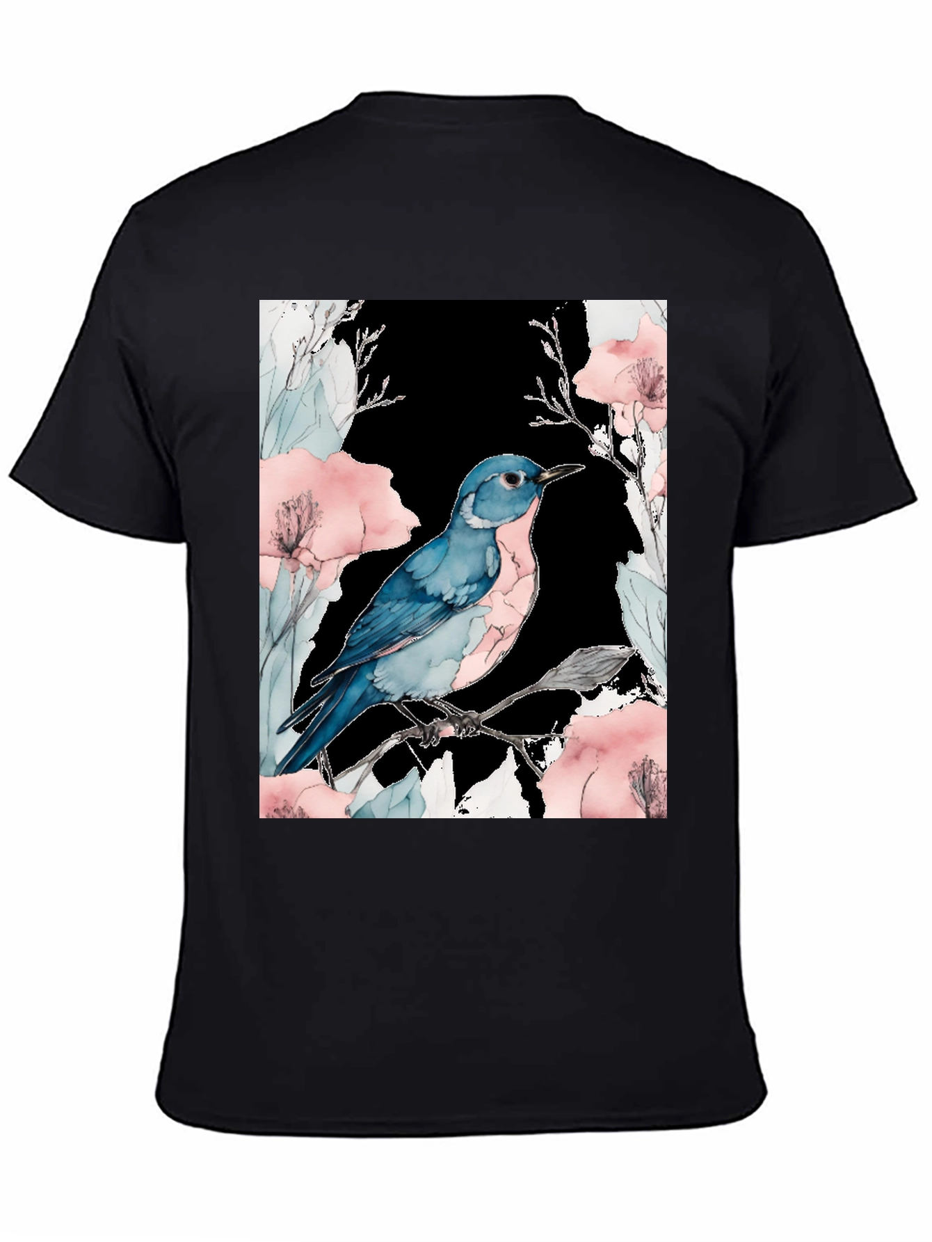 Blue Bird Floral Black T-Shirt