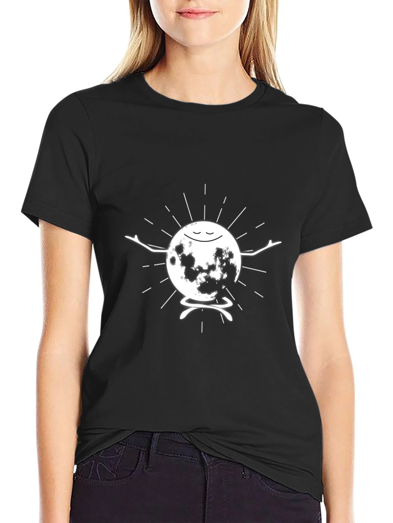 Meditating Moon Graphic T-Shirt - Black