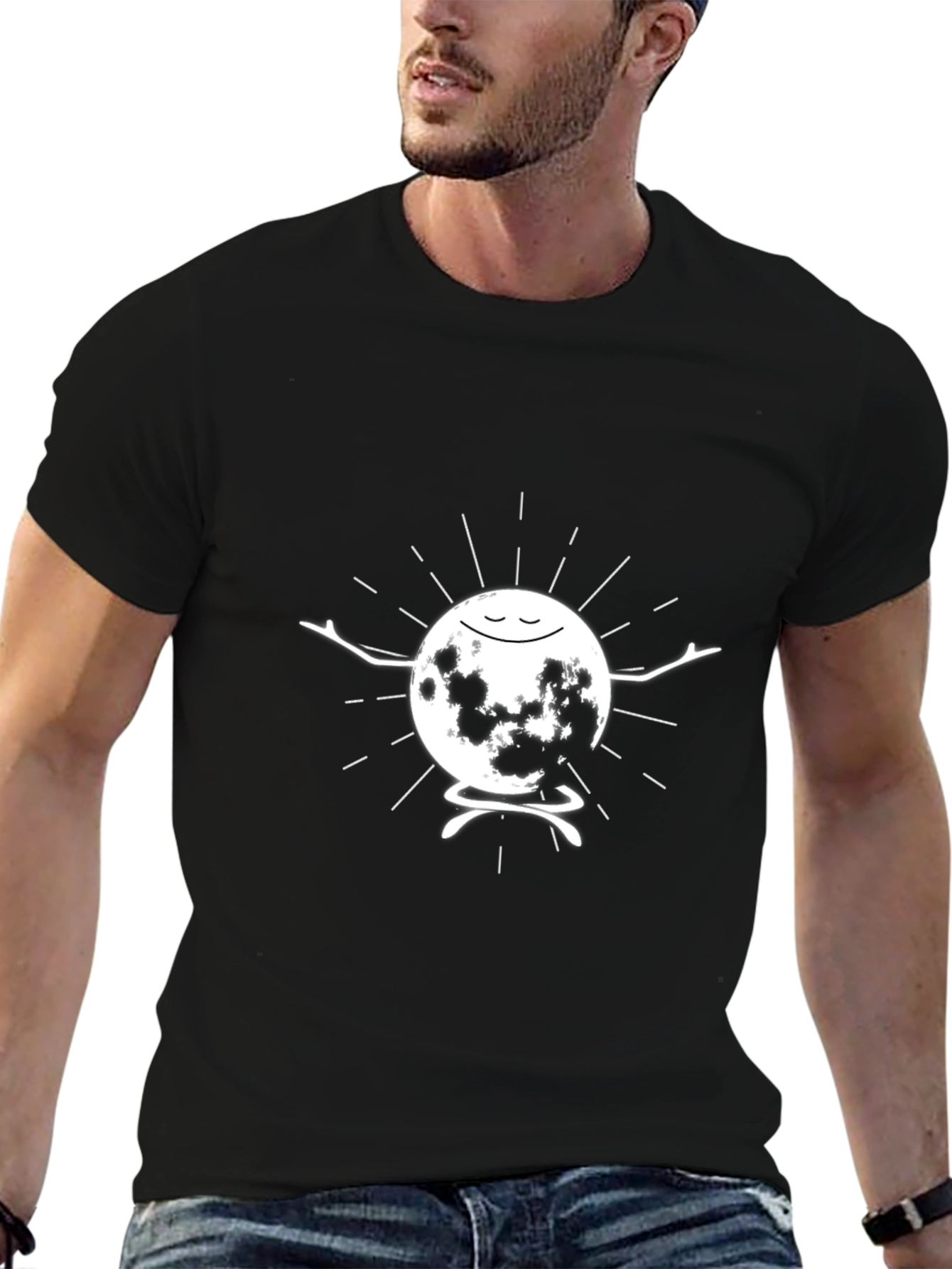 Meditating Moon Graphic T-Shirt - Black