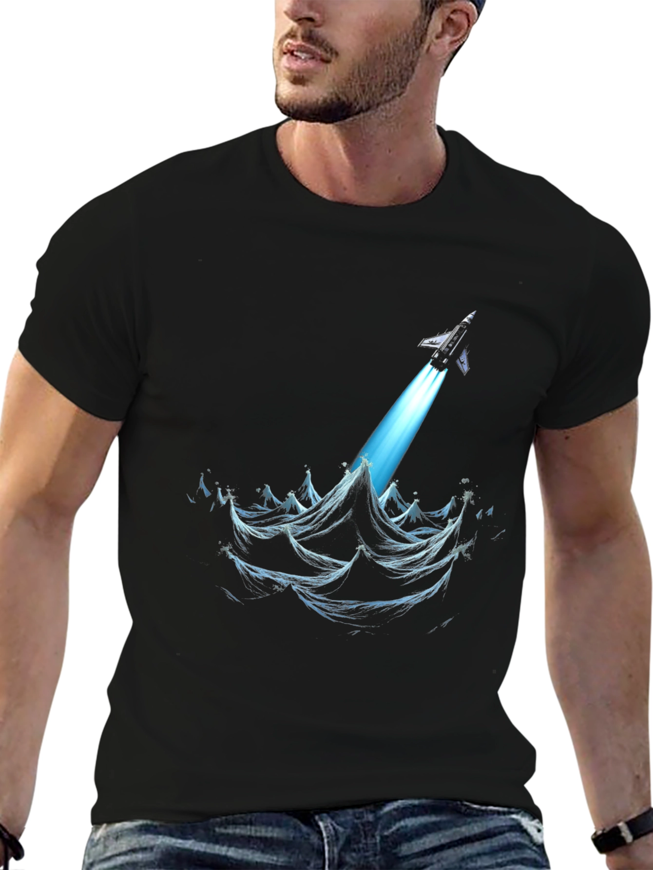 Rocket Launch Graphic Tee - Black Cotton T-Shirt