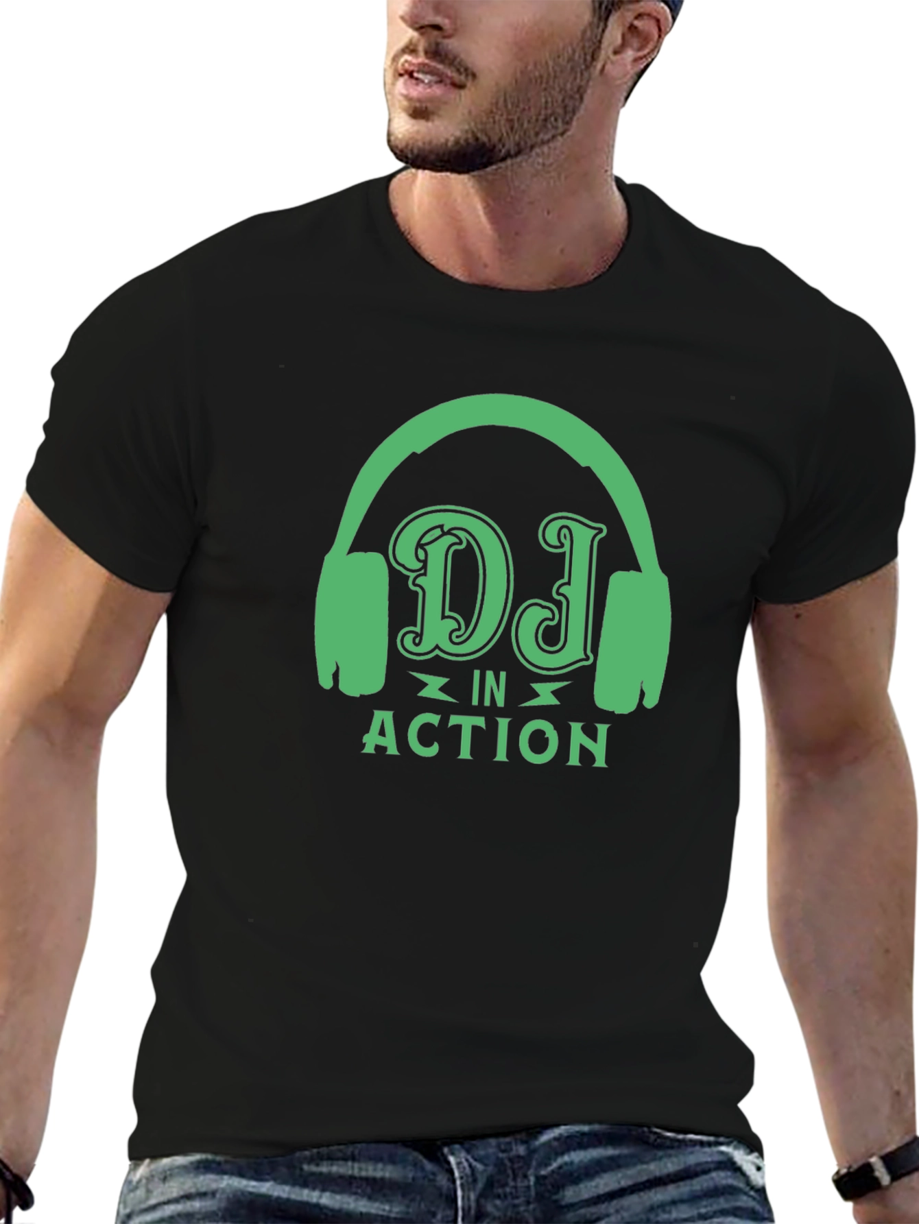 DJ in Action Black T-Shirt with Headphone Design