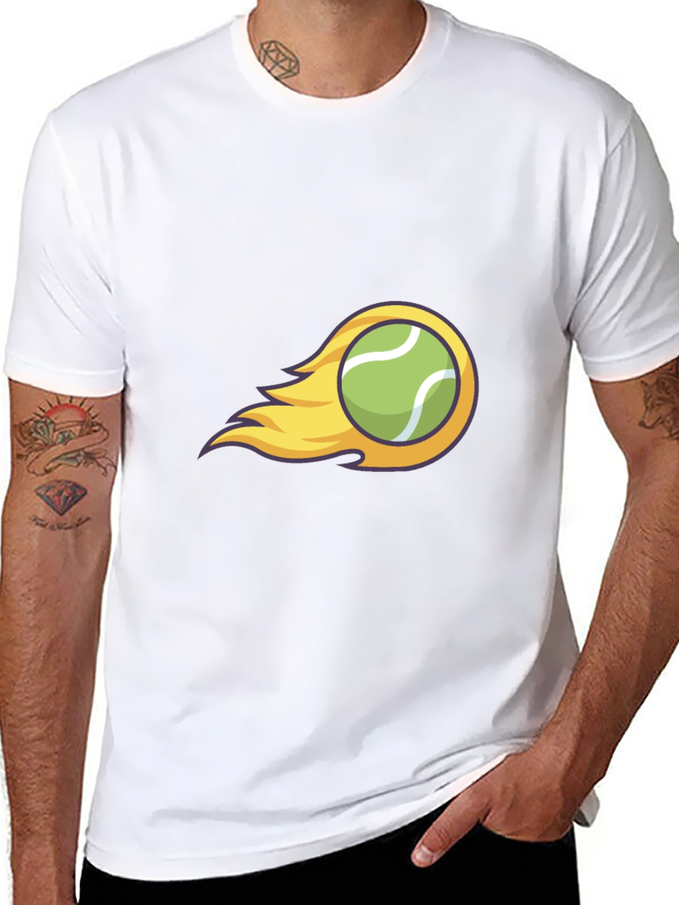 Flaming Tennis Ball Graphic Tee - Cool Black T-Shirt