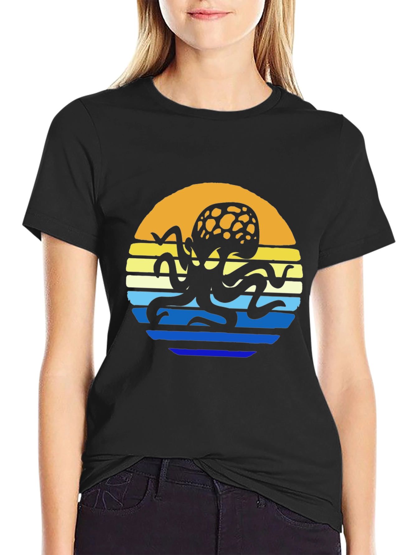 Sunset Octopus Graphic Tee - Black Cotton T-Shirt