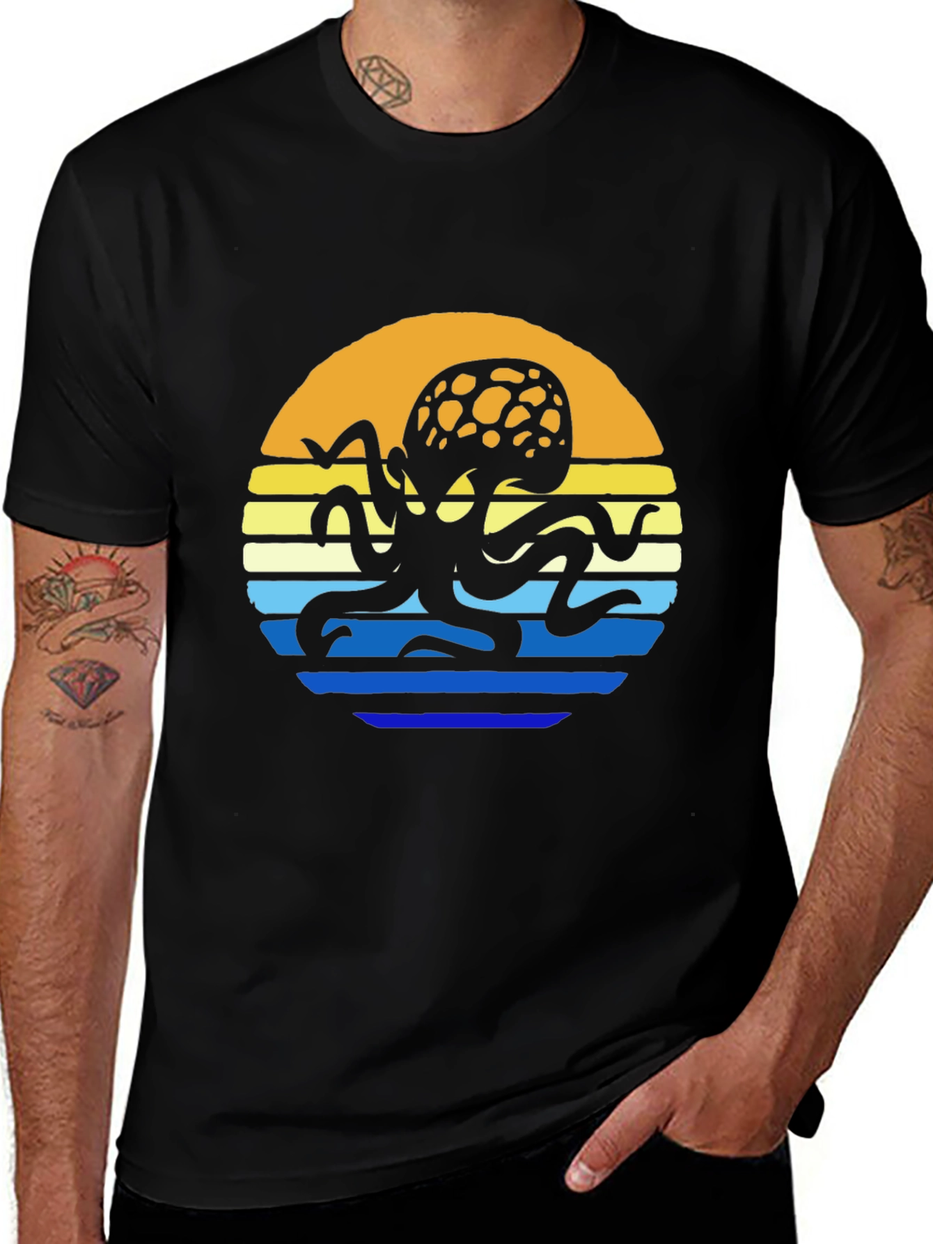 Sunset Octopus Graphic Tee - Black Cotton T-Shirt