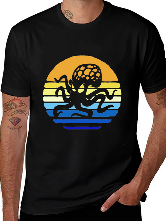 Sunset Octopus Graphic Tee - Black Cotton T-Shirt