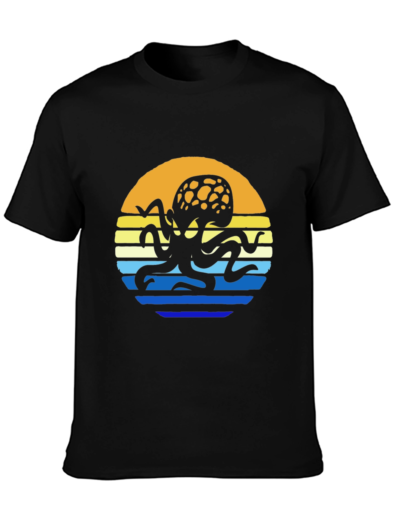 Sunset Octopus Graphic Tee - Black Cotton T-Shirt