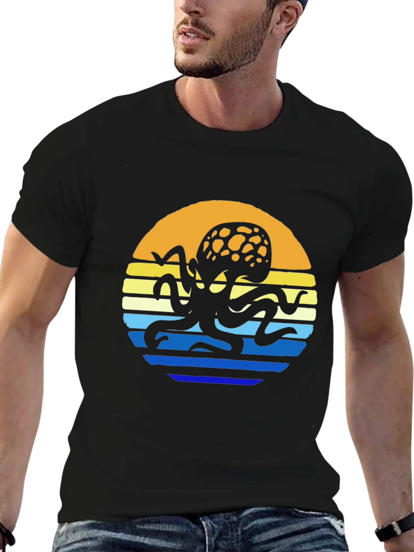 Sunset Octopus Graphic Tee - Black Cotton T-Shirt