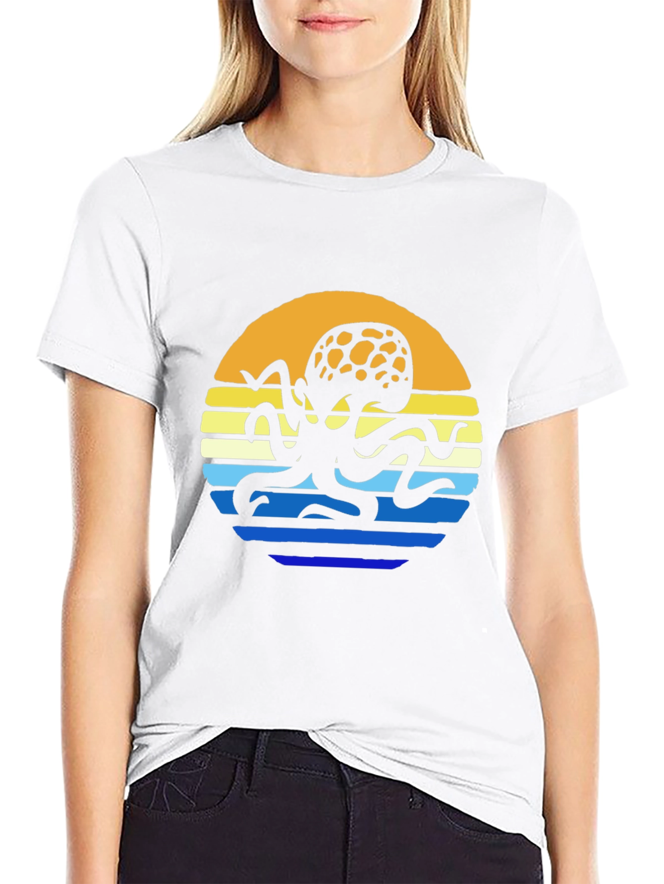 Sunset Octopus Graphic Tee - Black Cotton T-Shirt