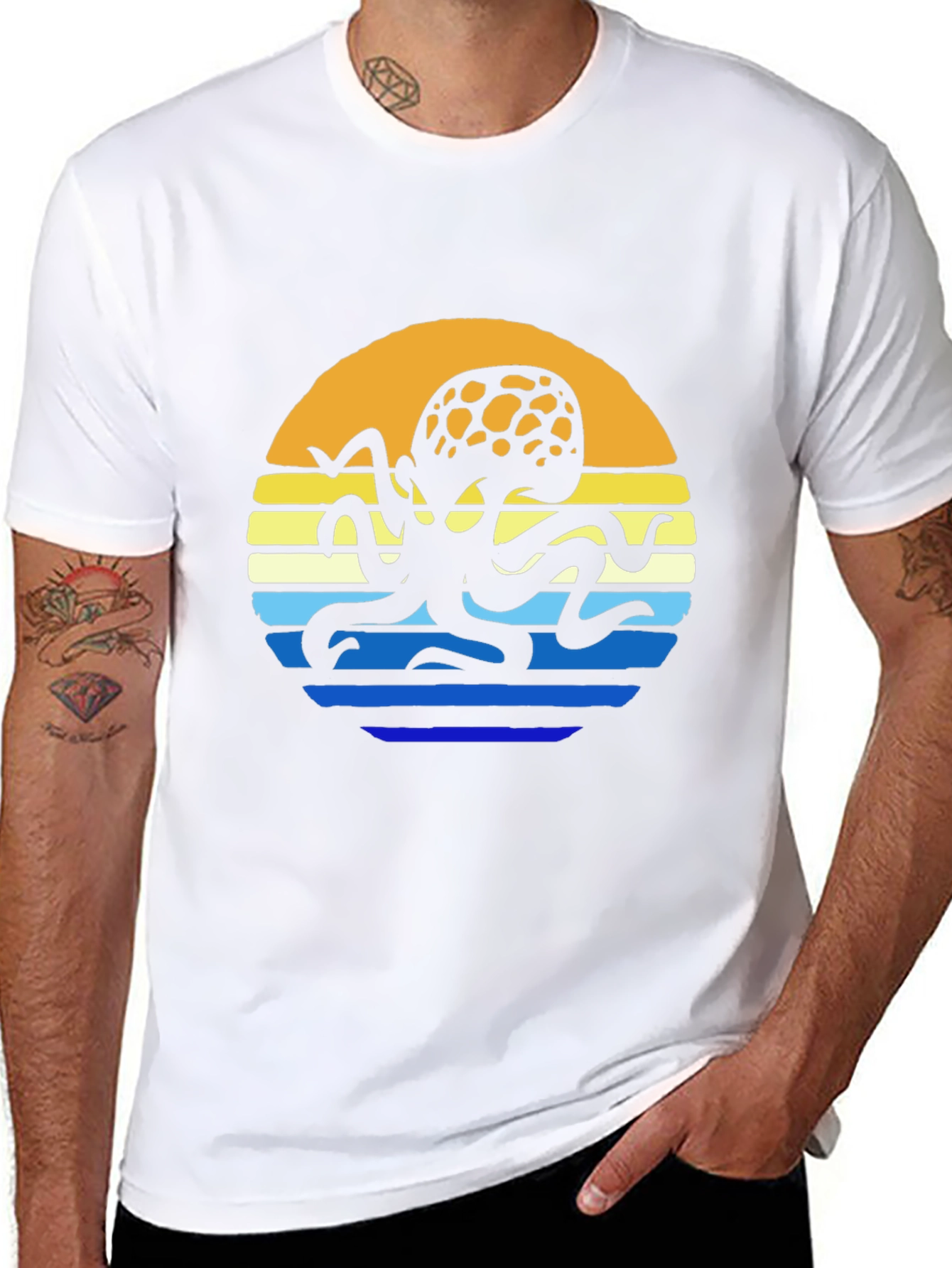 Sunset Octopus Graphic Tee - Black Cotton T-Shirt
