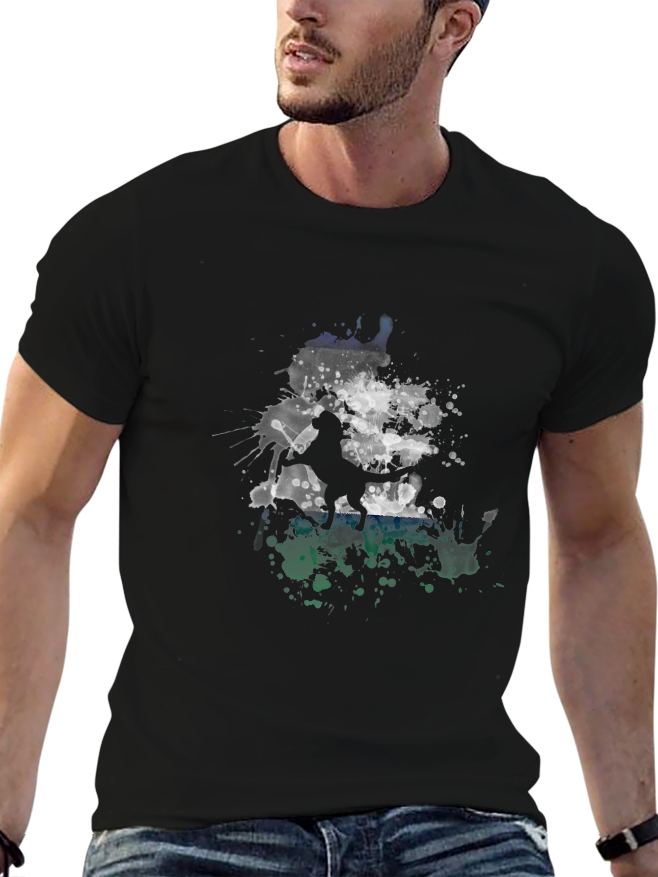 Abstract Dog Graphic Print Mens Black Tee