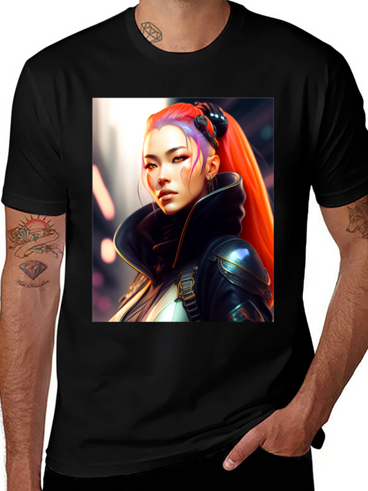 Cyberpunk Woman Portrait Graphic Tee - Stylish Cotton Blend Shirt