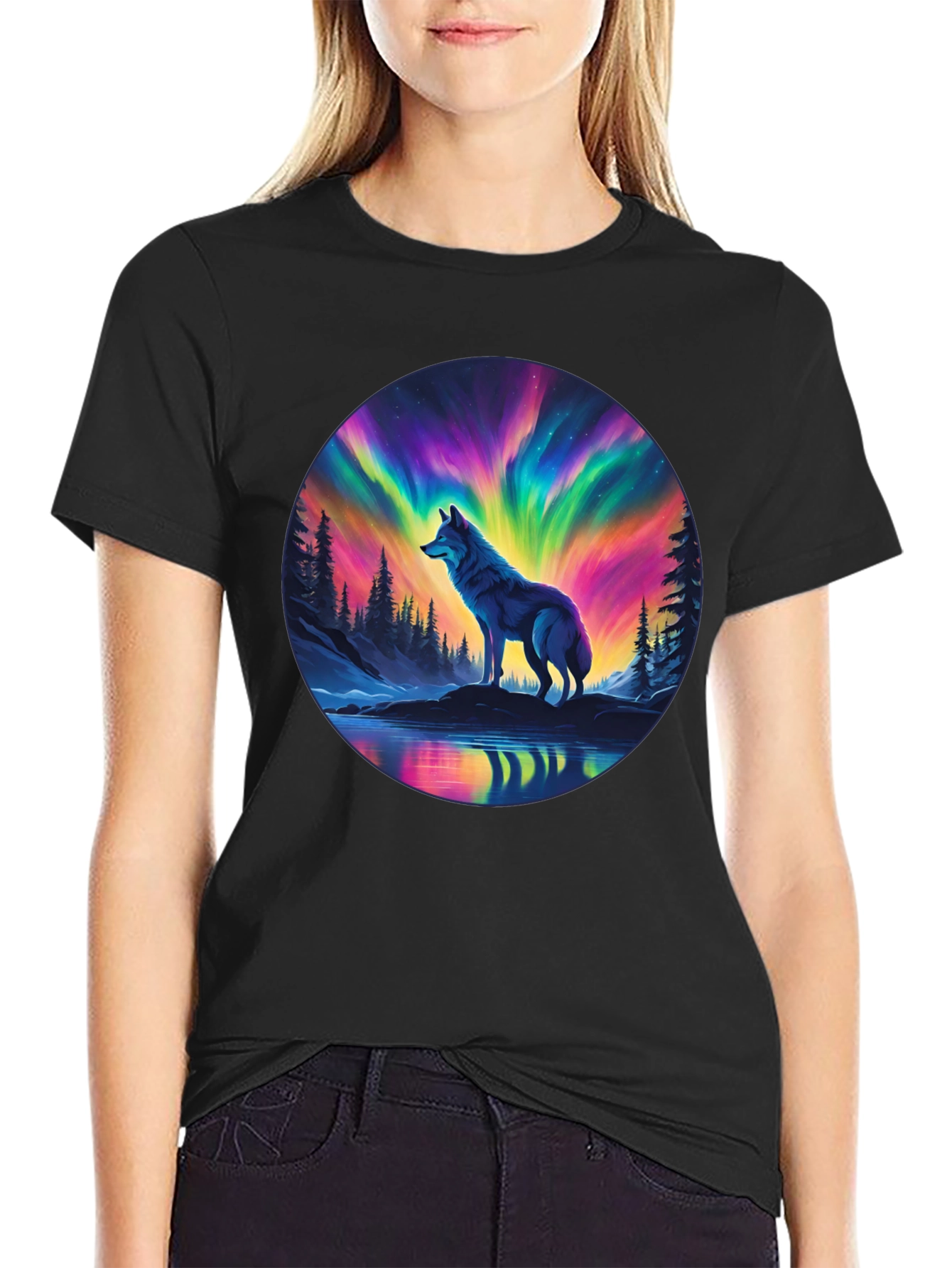 Aurora Wolf Graphic Tee - Mens Black T-Shirt