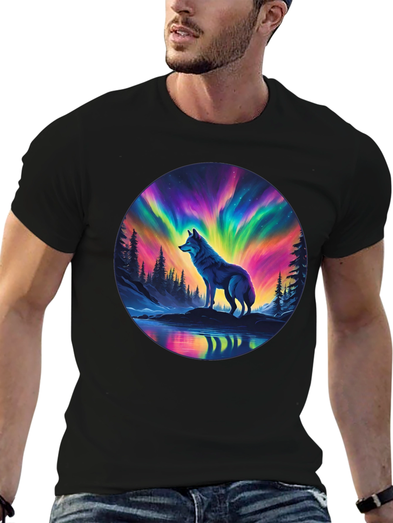 Aurora Wolf Graphic Tee - Mens Black T-Shirt