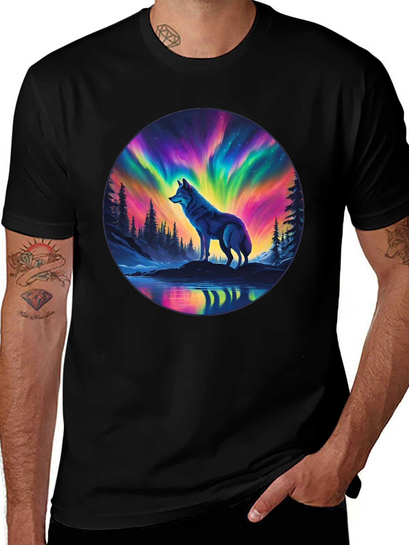 Aurora Wolf Graphic Tee - Mens Black T-Shirt