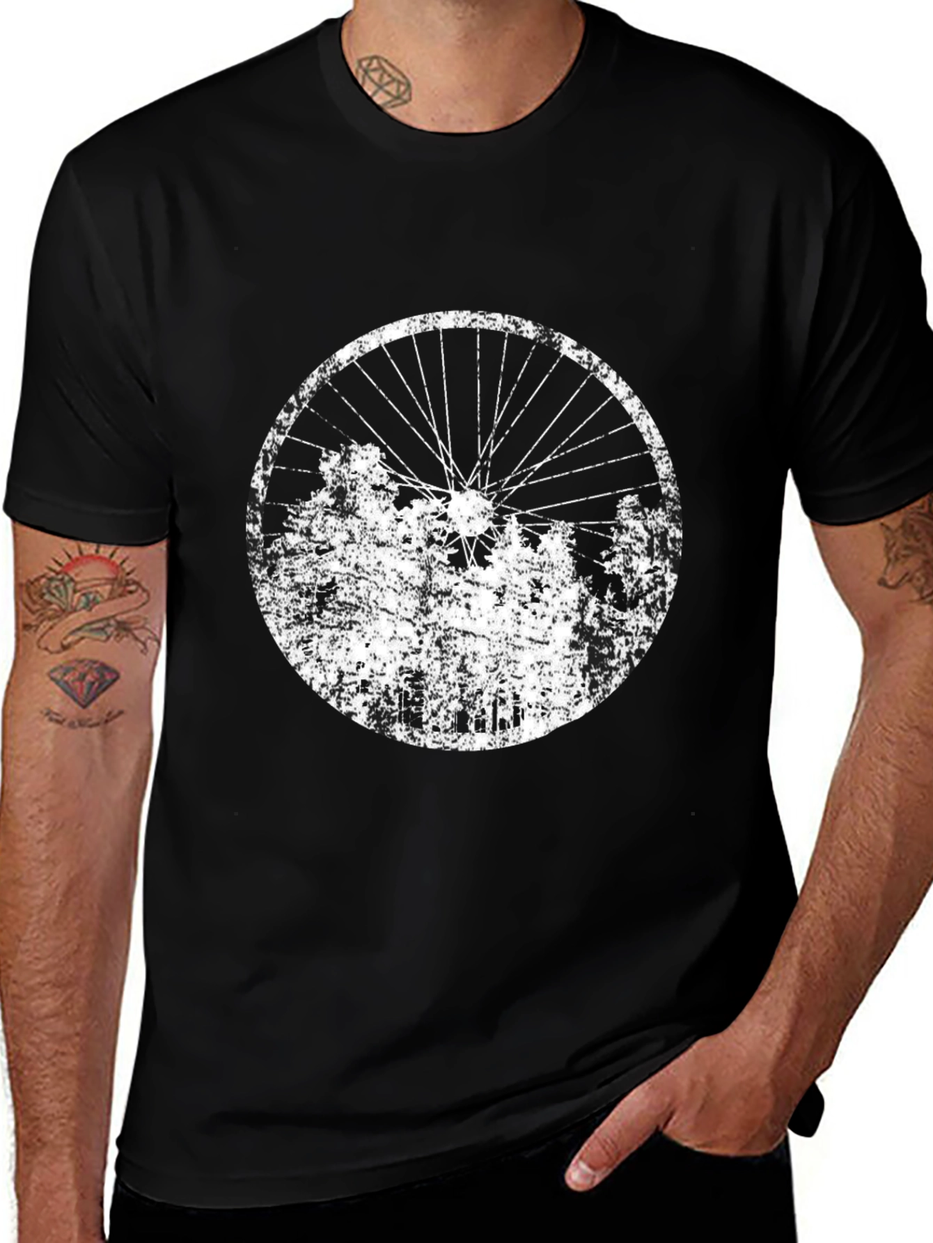 Distressed Bike Wheel Graphic Tee - Black