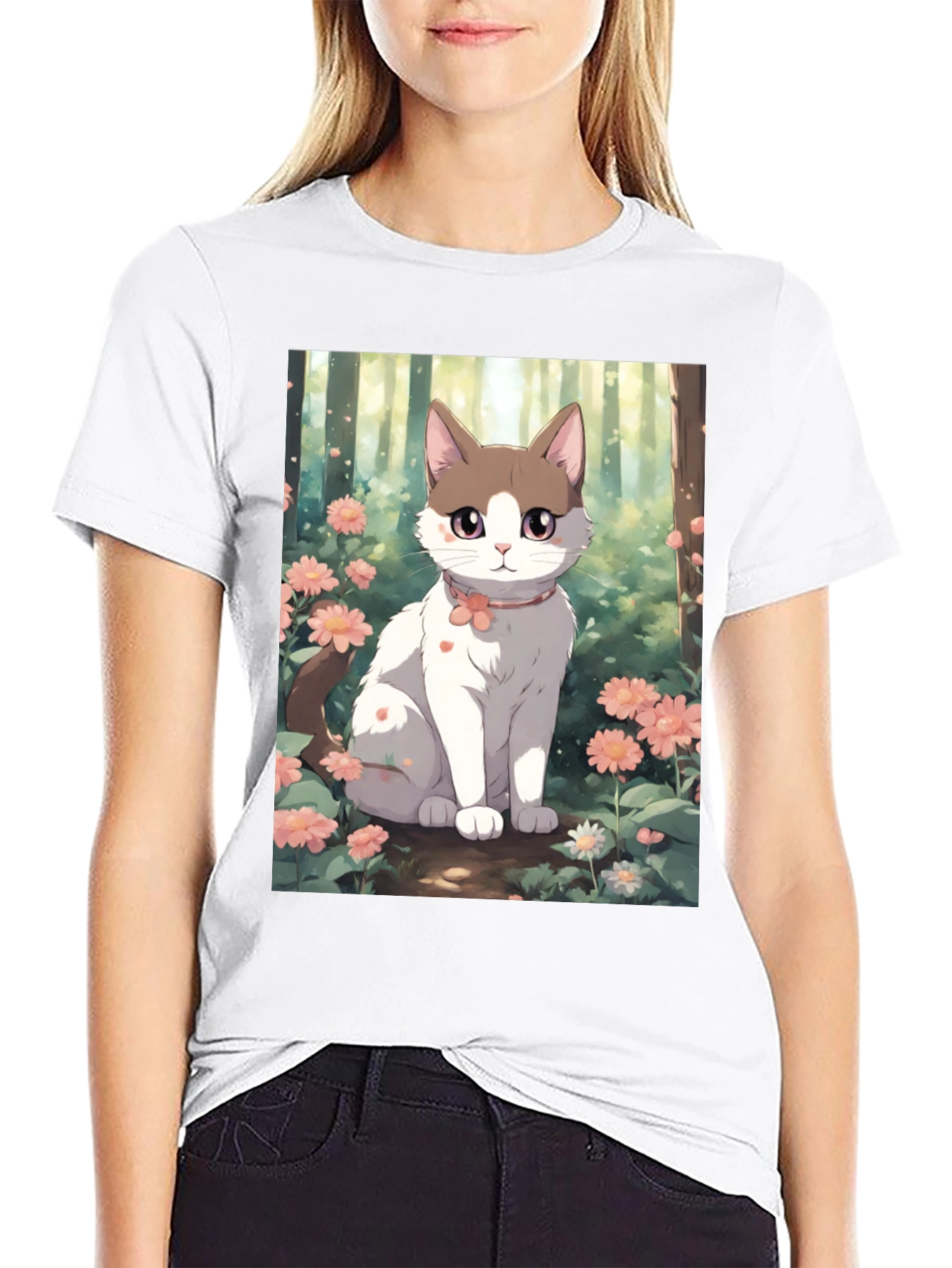 Anime Cat Floral T-Shirt