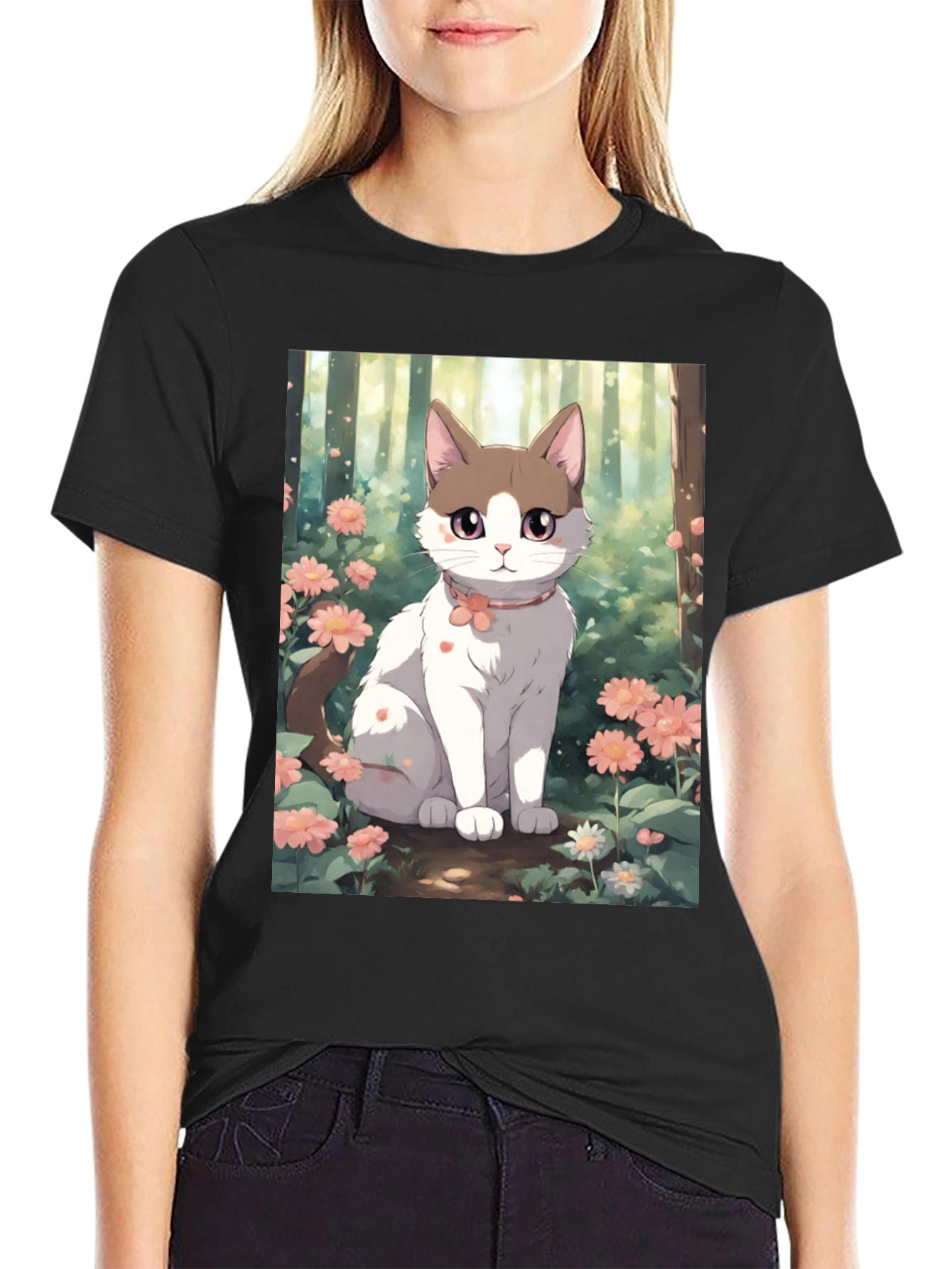 Anime Cat Floral T-Shirt