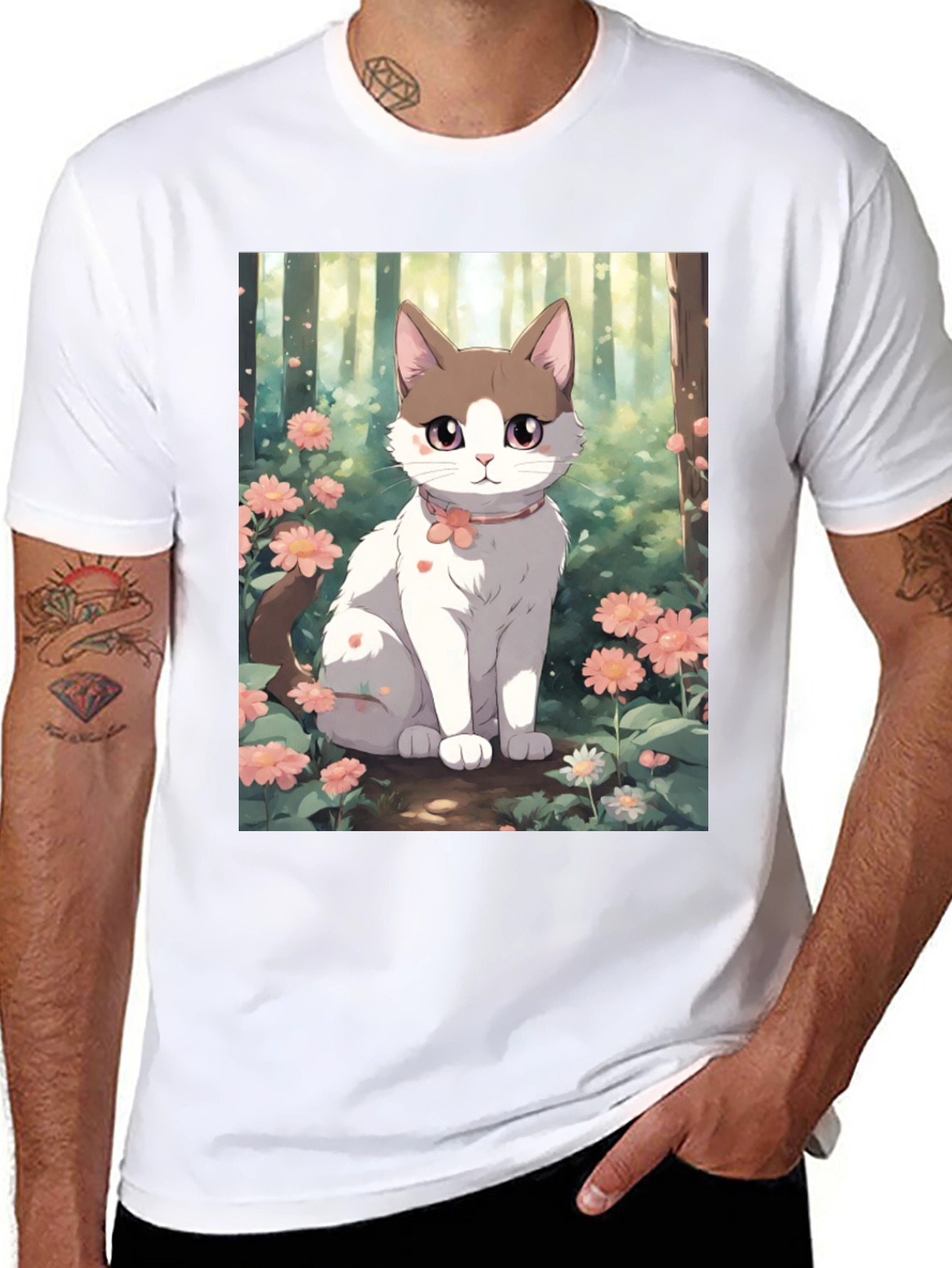 Anime Cat Floral T-Shirt
