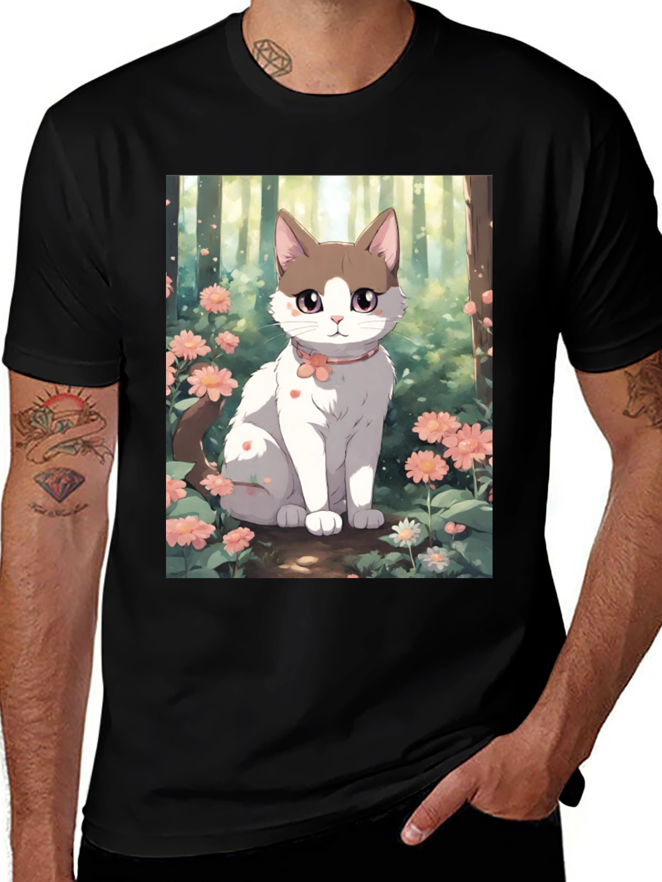 Anime Cat Floral T-Shirt