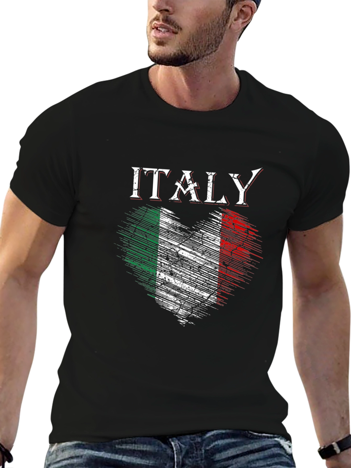 Italy Flag Heart Graphic Black T-Shirt