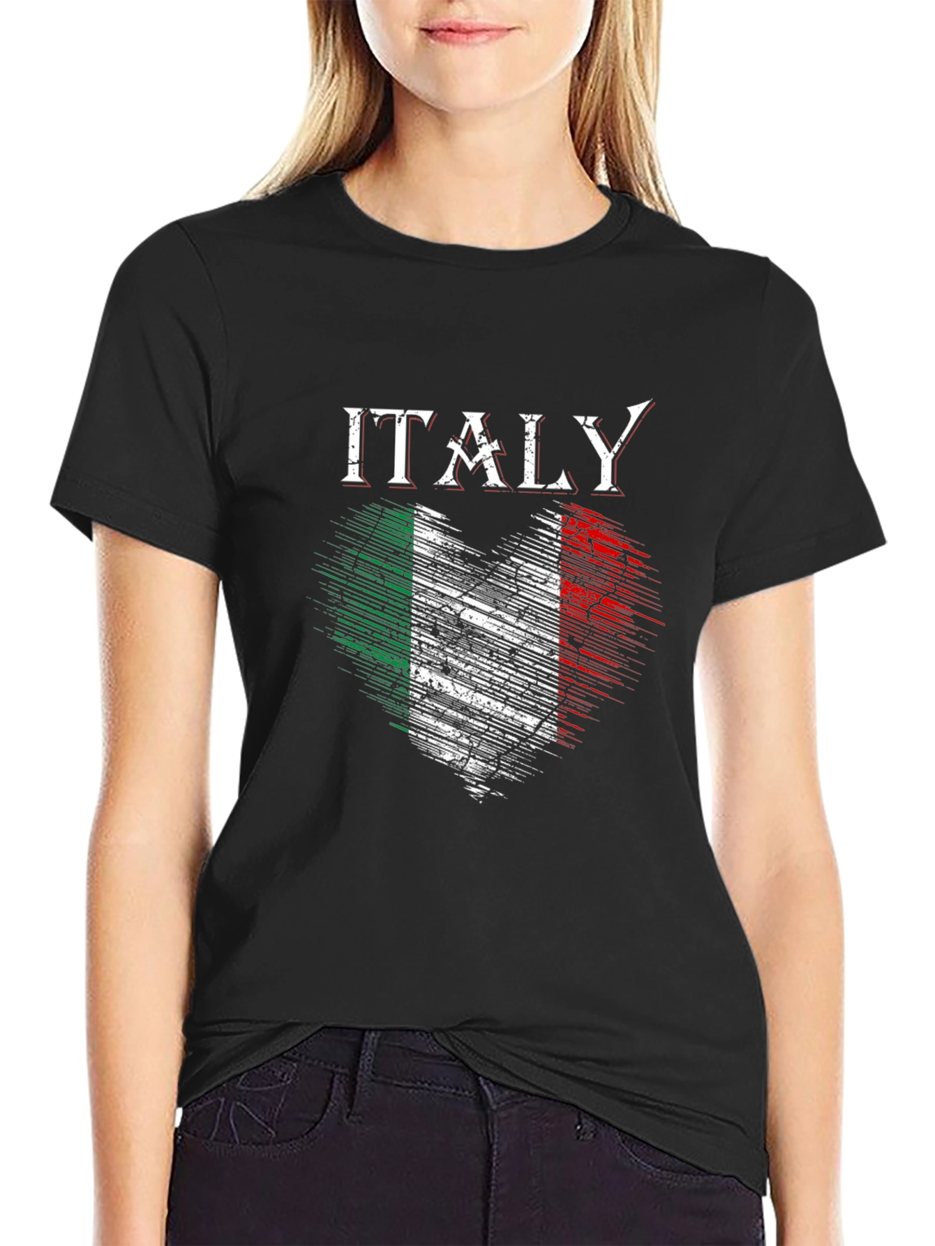 Italy Flag Heart Graphic Black T-Shirt