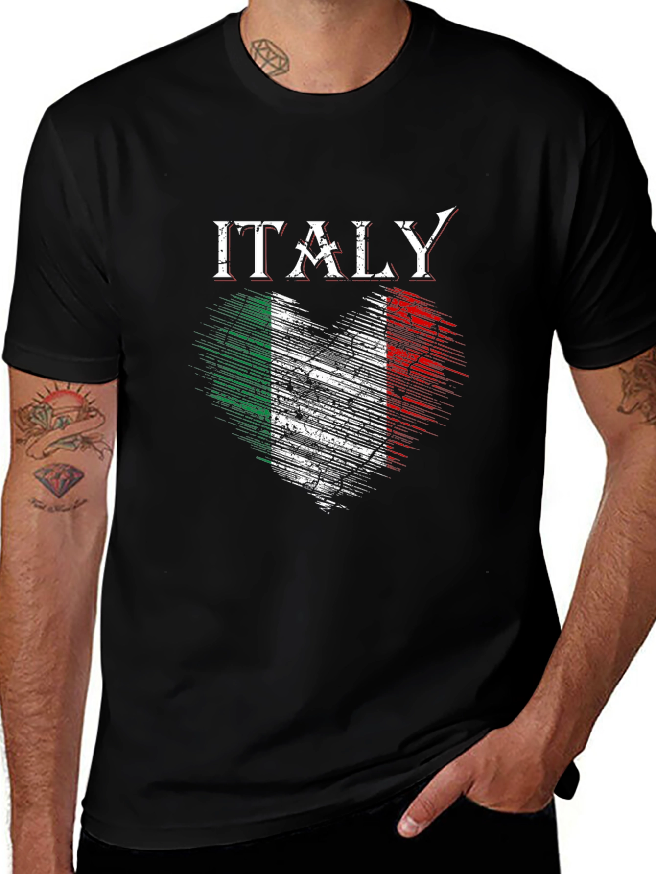 Italy Flag Heart Graphic Black T-Shirt