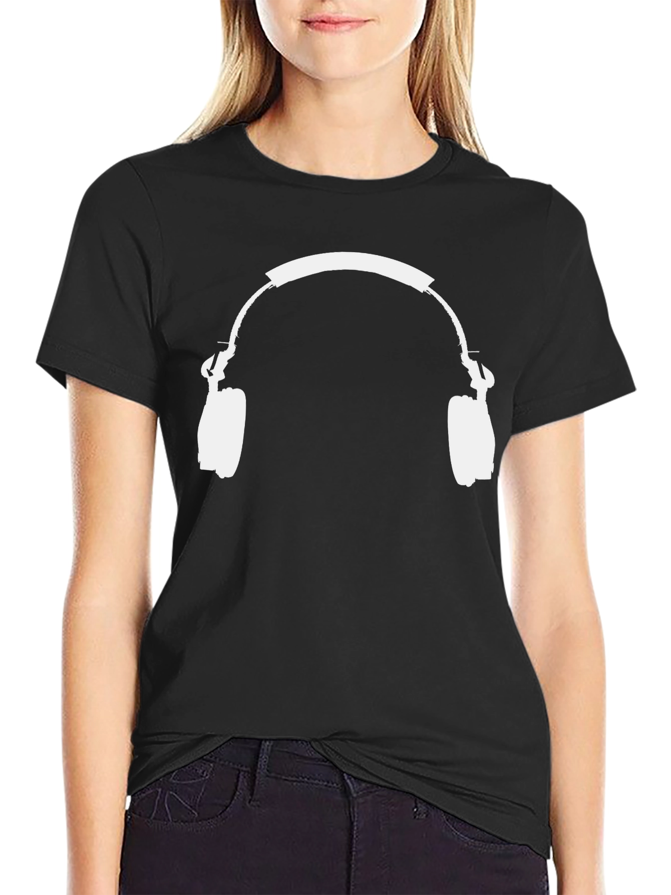Black T-Shirt with White Headphones Graphic