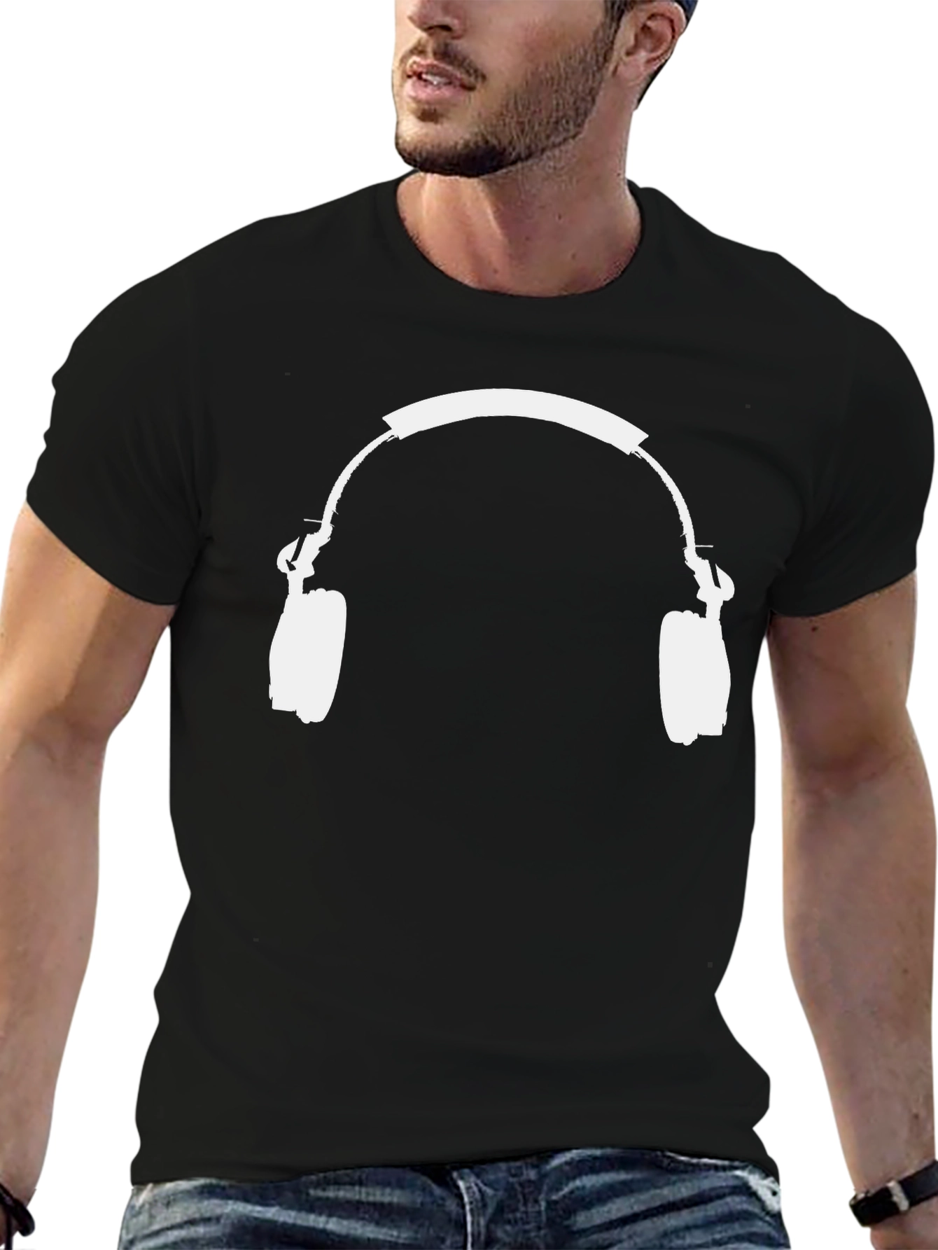 Black T-Shirt with White Headphones Graphic