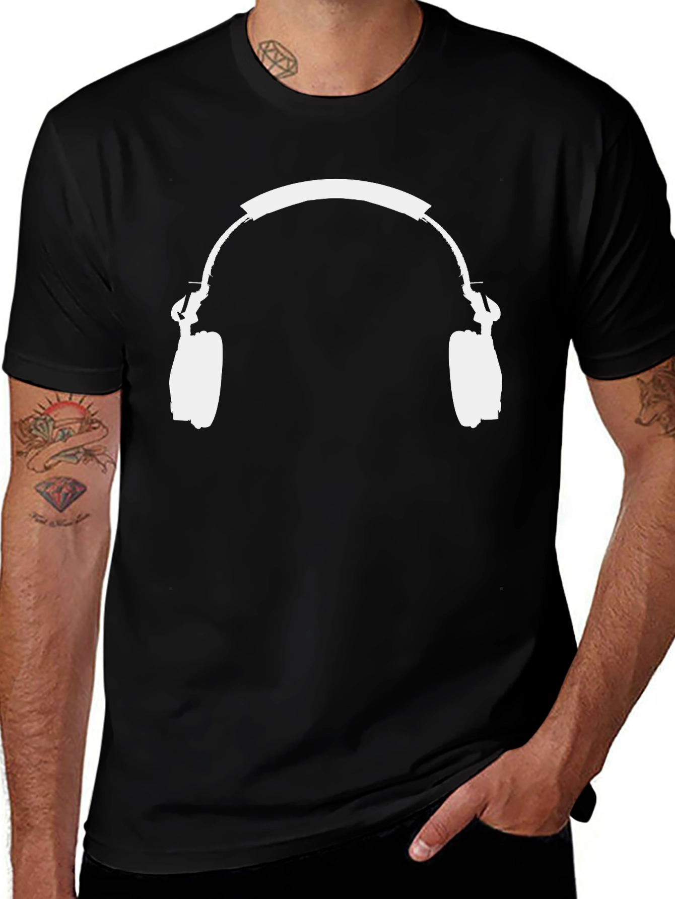Black T-Shirt with White Headphones Graphic