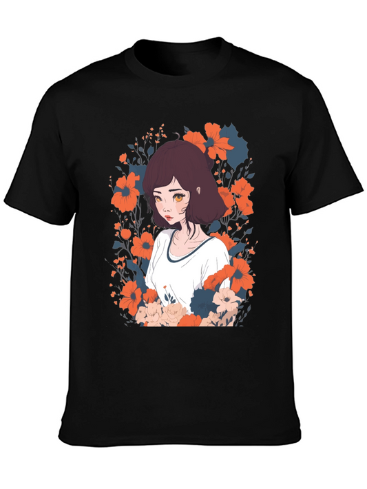 Floral Anime Girl Graphic Tee - Unisex Black T-Shirt