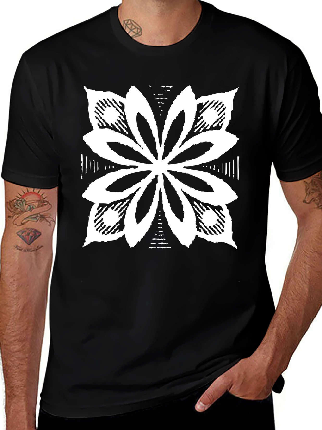 Black T-Shirt with White Floral Graphic
