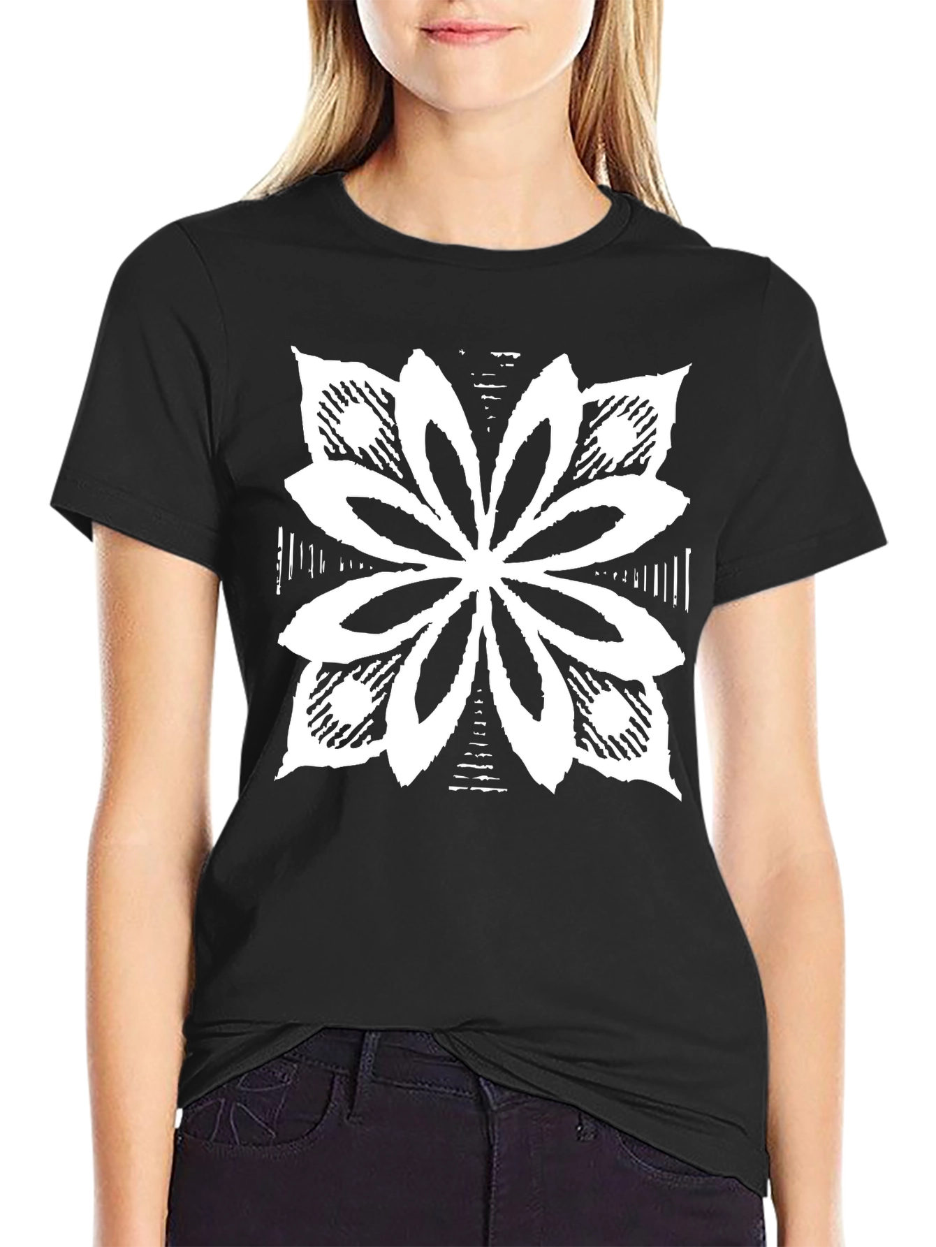 Black T-Shirt with White Floral Graphic