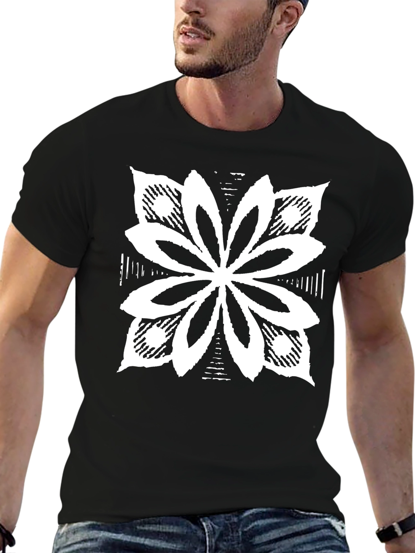 Black T-Shirt with White Floral Graphic