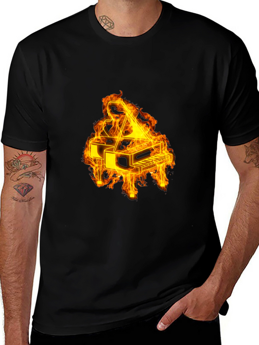 Flaming Piano Graphic Tee - Black Cotton Blend