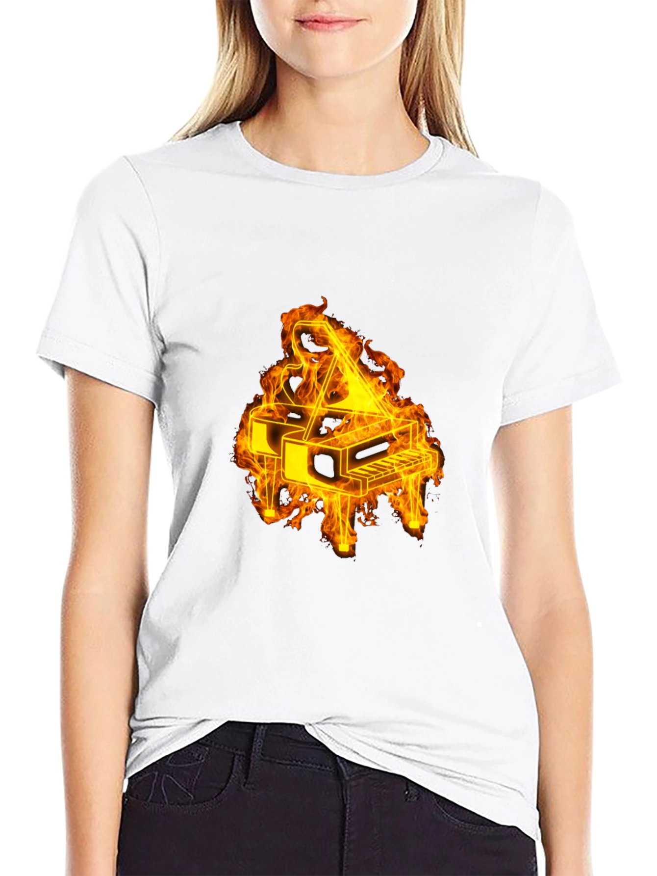 Flaming Piano Graphic Tee - Black Cotton Blend