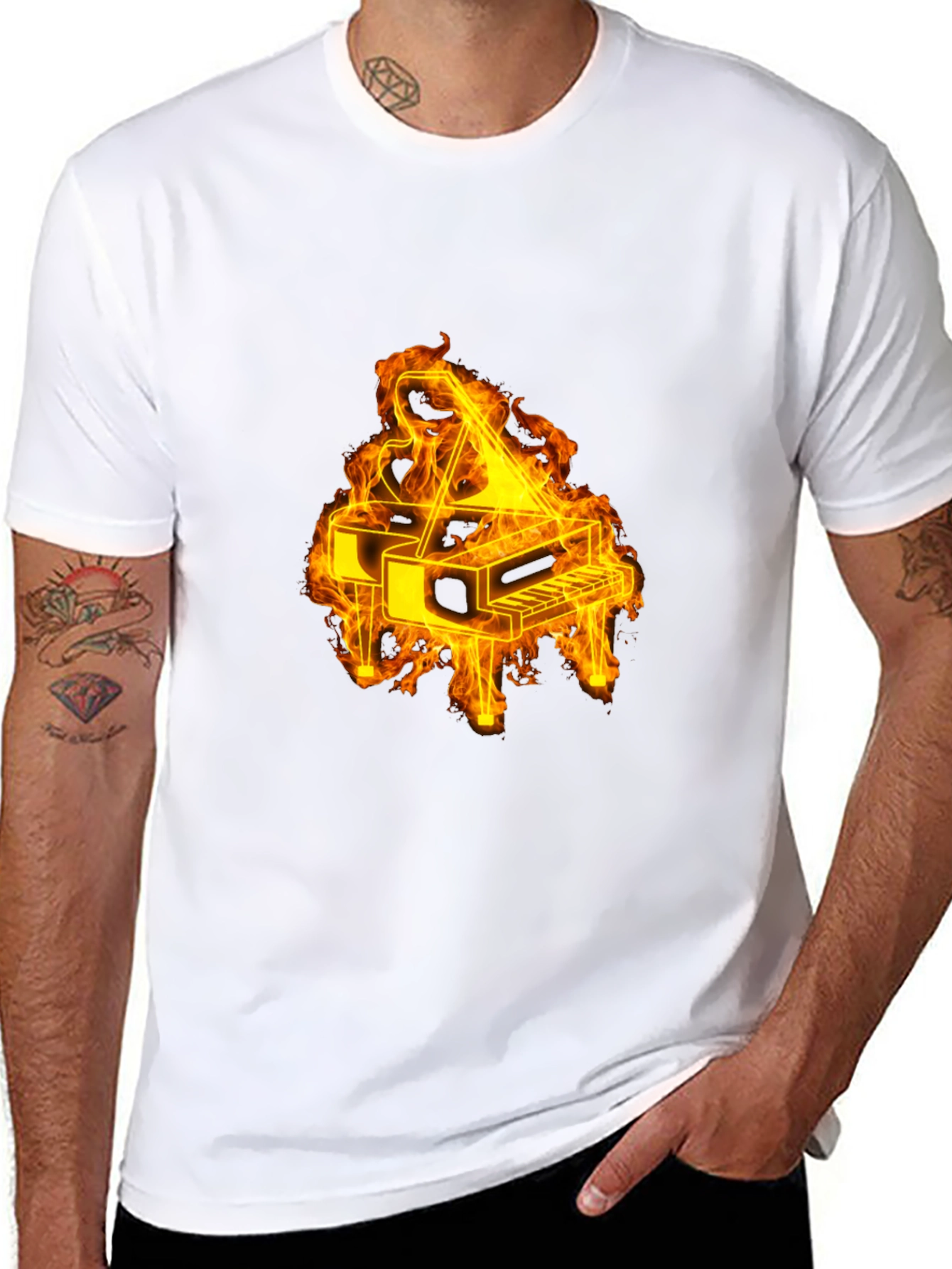 Flaming Piano Graphic Tee - Black Cotton Blend
