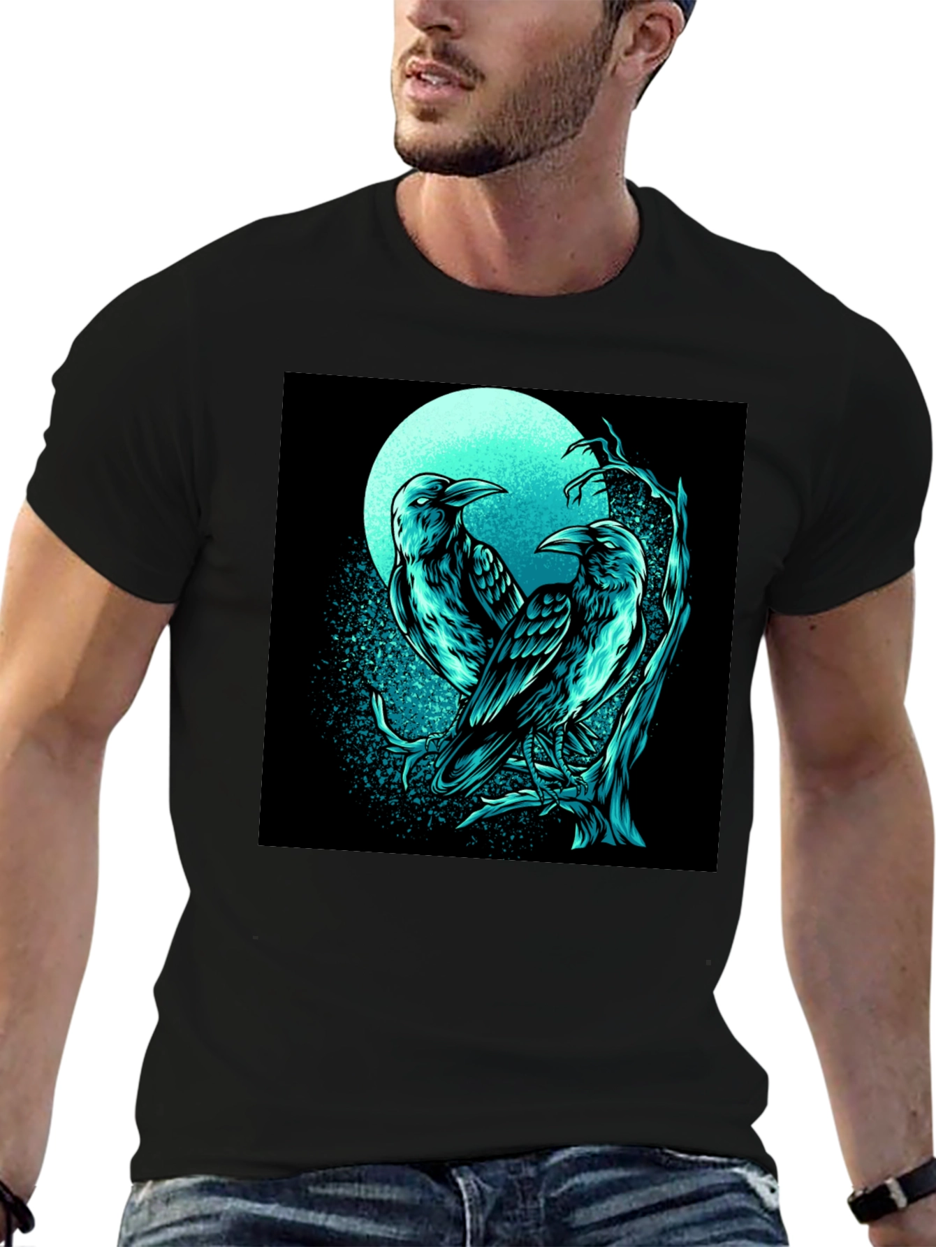 Raven Moon Graphic Tee - Black Cotton T-Shirt