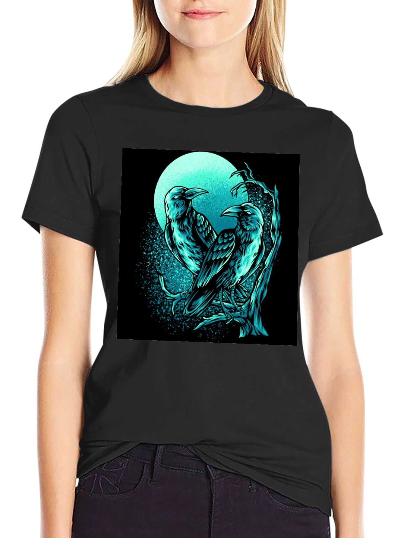 Raven Moon Graphic Tee - Black Cotton T-Shirt