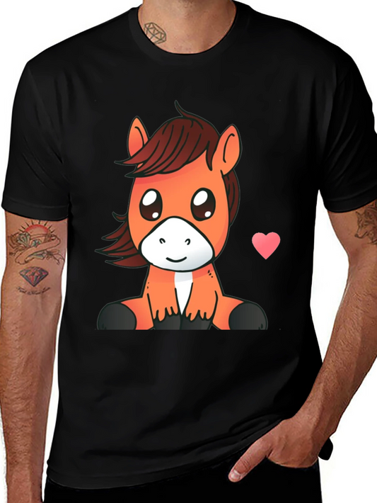 Cute Cartoon Horse Graphic Tee - Black