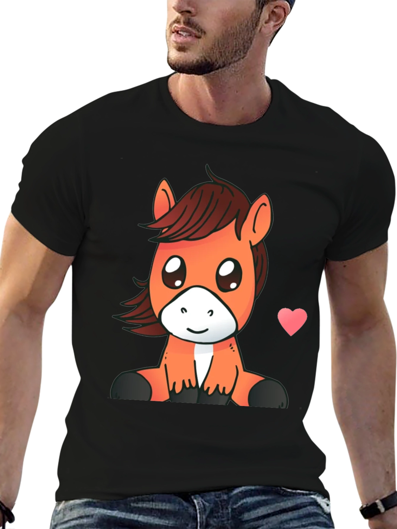 Cute Cartoon Horse Graphic Tee - Black