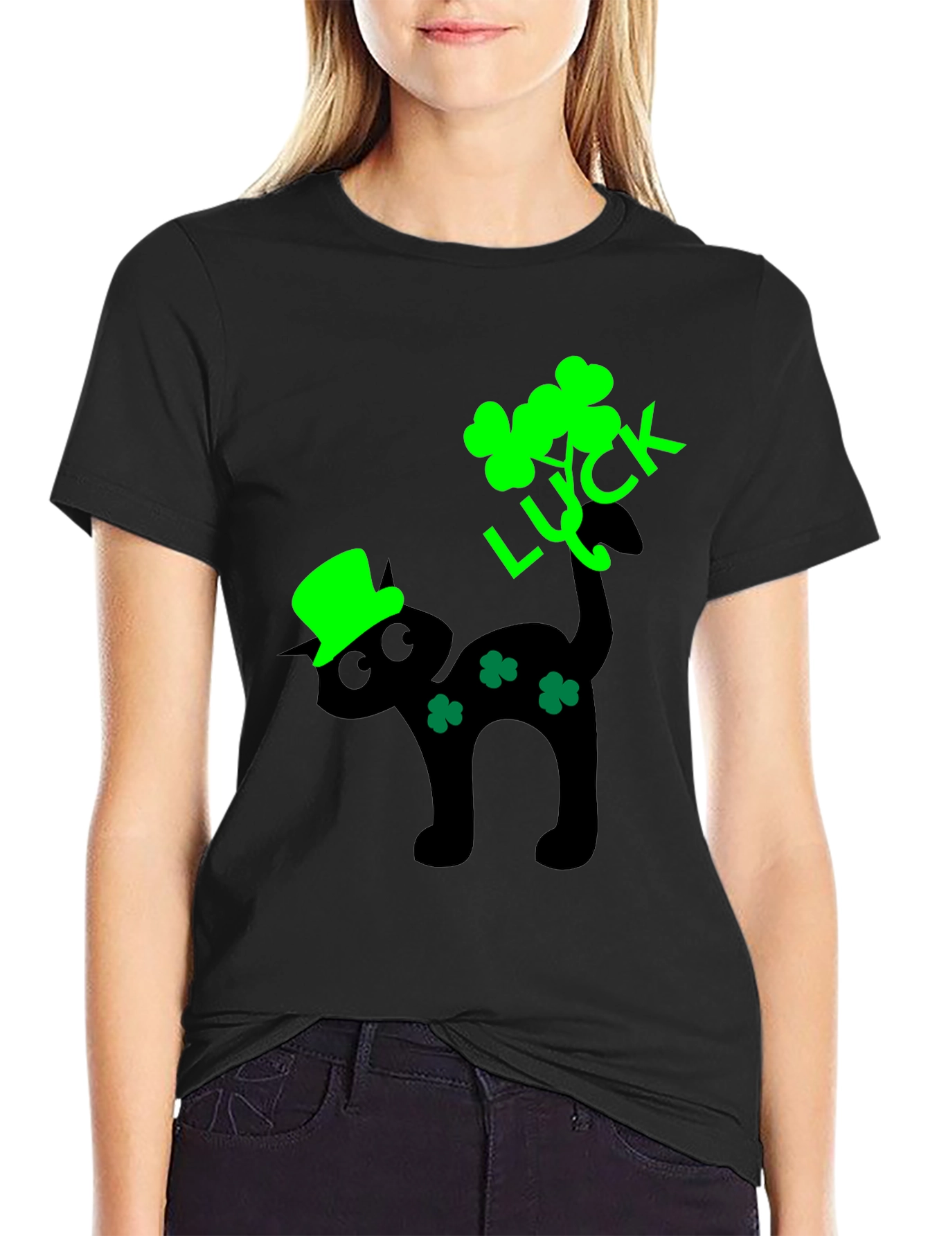 Lucky Cat St. Patricks Day Black T-Shirt