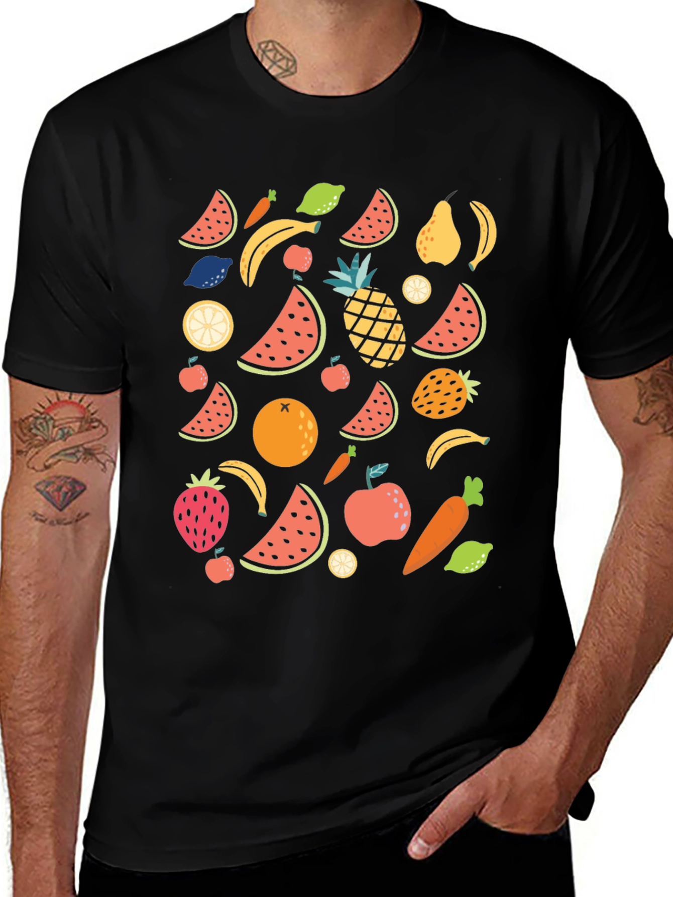 Fun Fruits Pattern Black T-Shirt